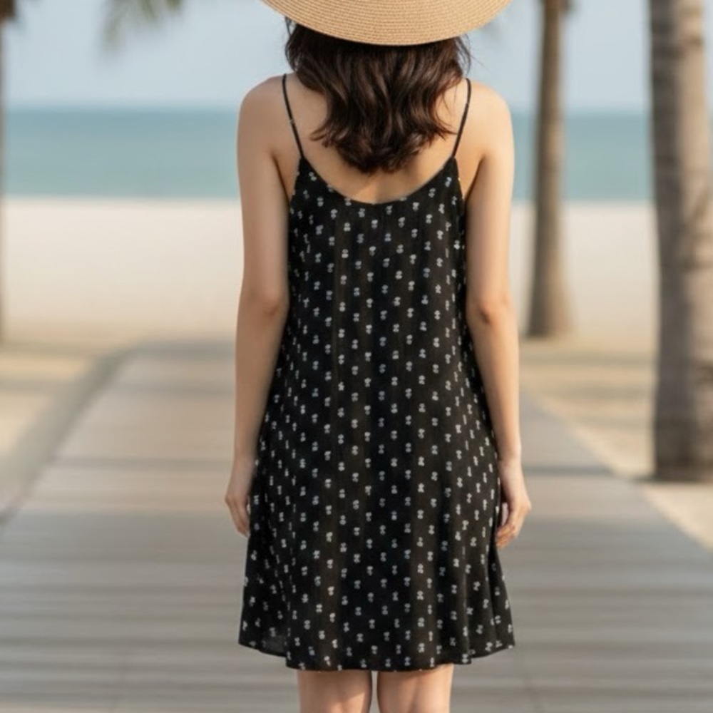 Boho spaghetti strap slip on dress. Breathable. Med.